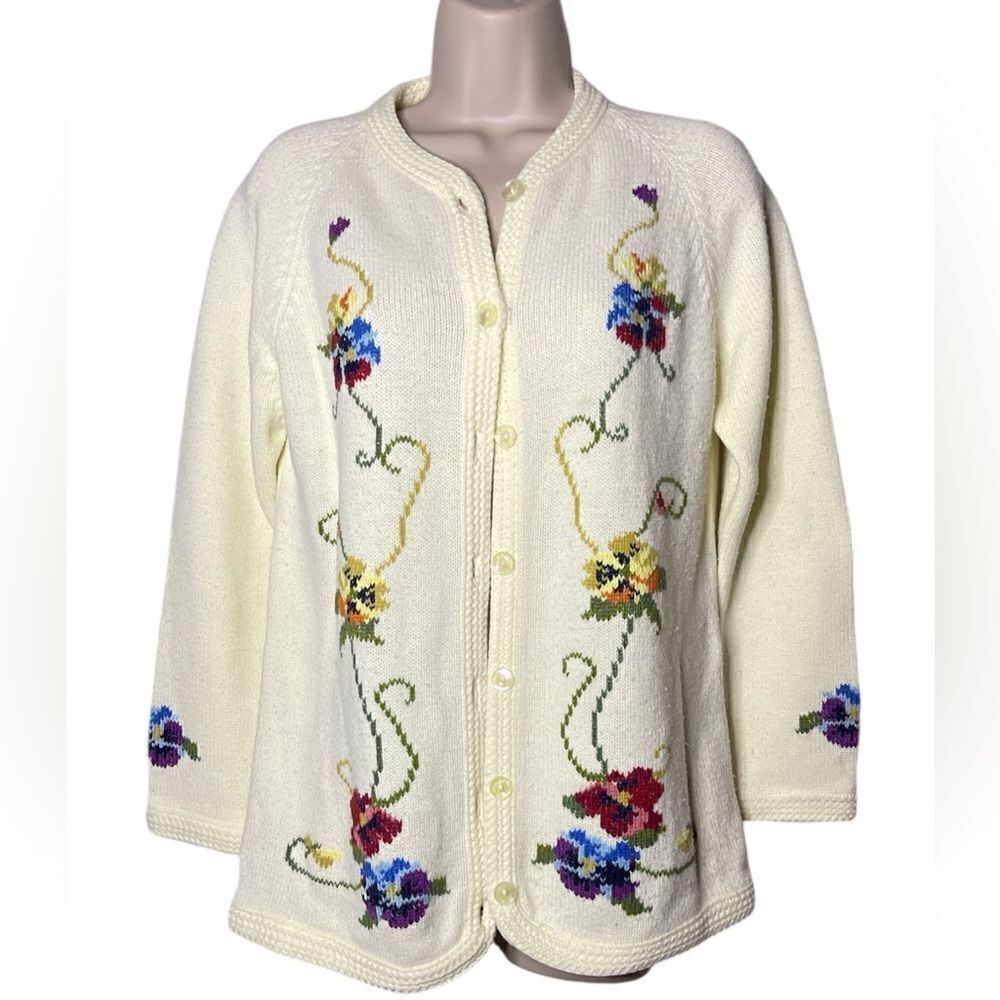 ADES SIZE M Floral Women's Vintage Knit Cardigan Sweater Medium White.